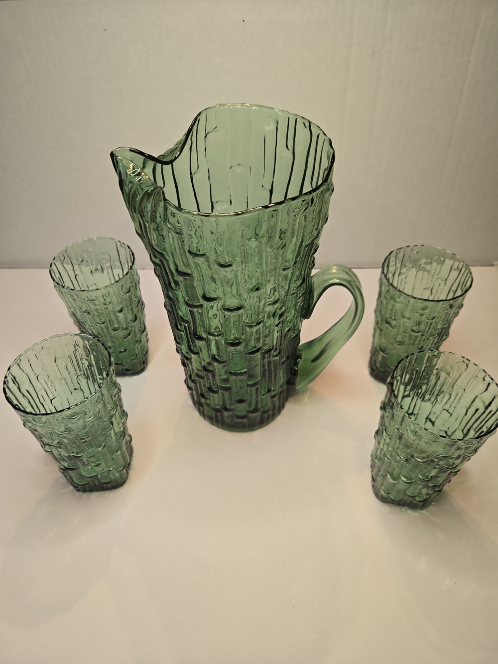 Vintage Italian Empoli Wax Green Glass Pitcher w/ 4 Set Of Empoli Glasses